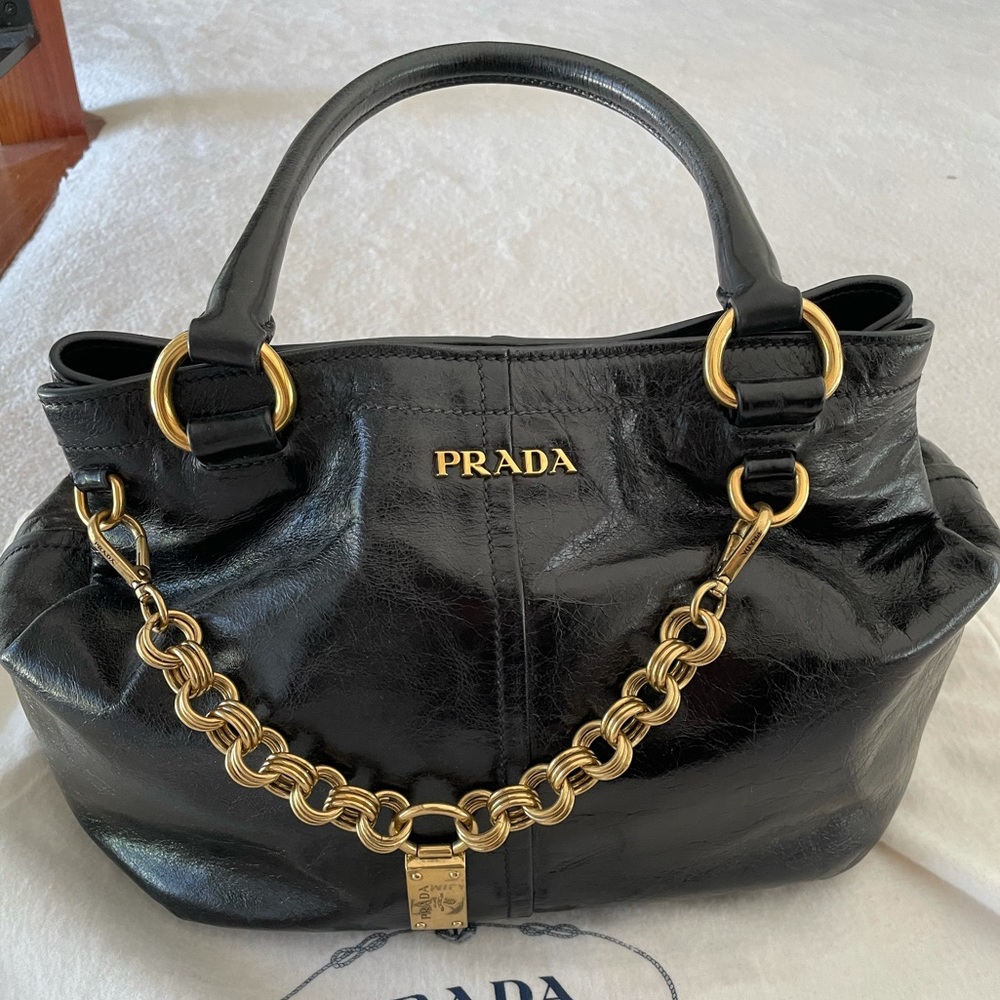 Prada Black Leather with Gold Chain Shoulder Bag